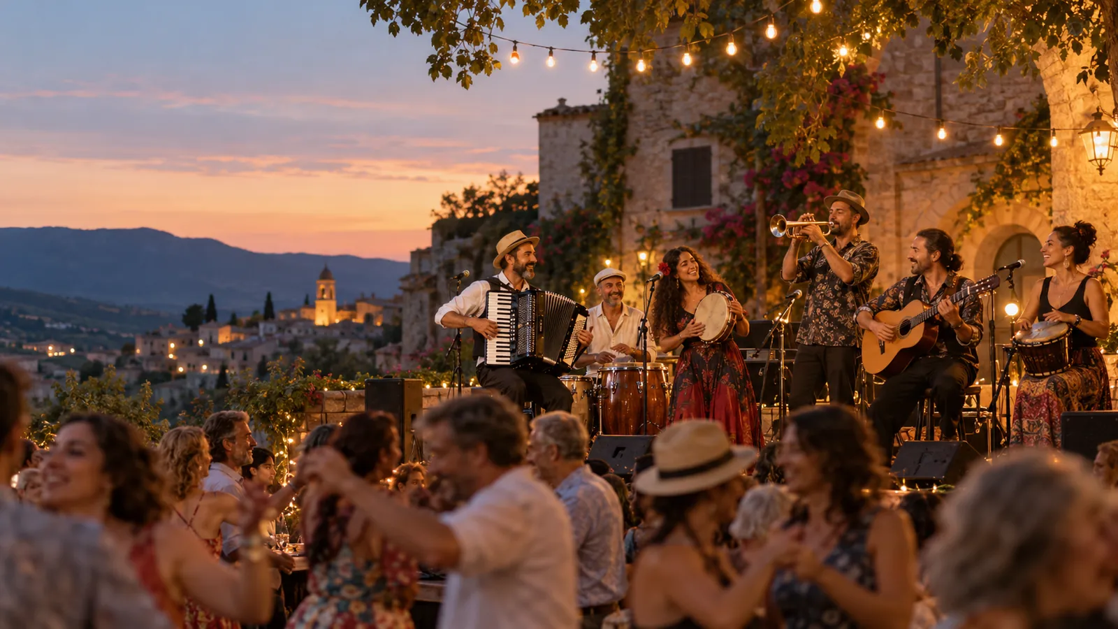 Groupe de musique festive sur une petite scène de place de village le soir, guirlandes lumineuses et public qui danse